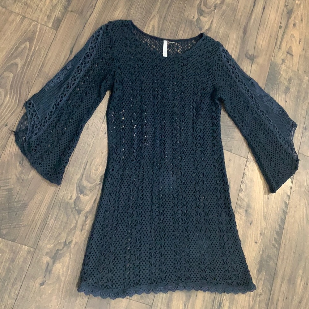 Anthropologie Maria Rello Crochet Tunic Cover Up Navy Size Large